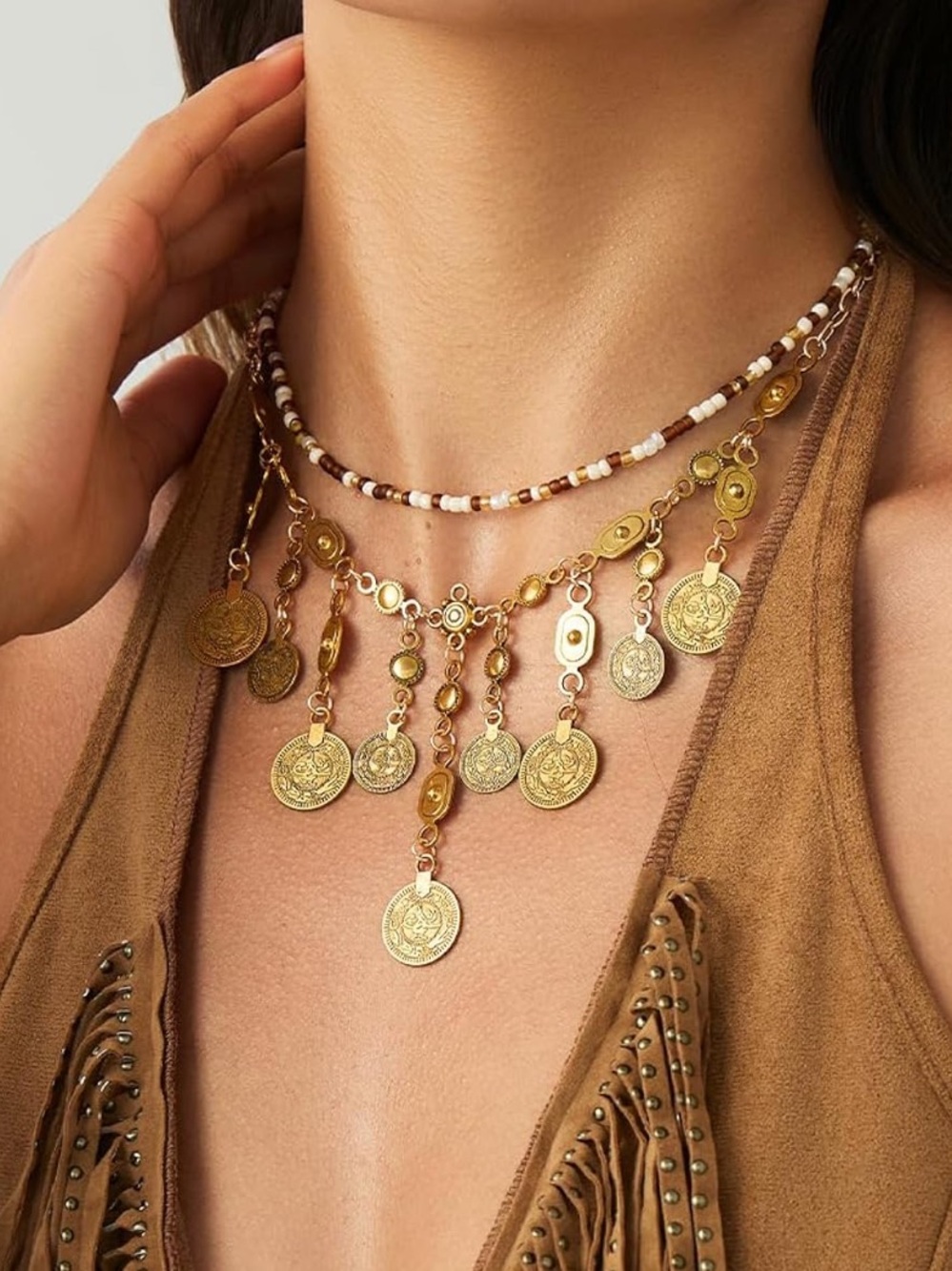 Anthropologie Gold Fringe Coin & Brown-White Beaded Layered Necklace